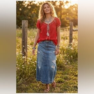 Max Studio Red Peasant Off The Shoulder Drawstring Top Size S